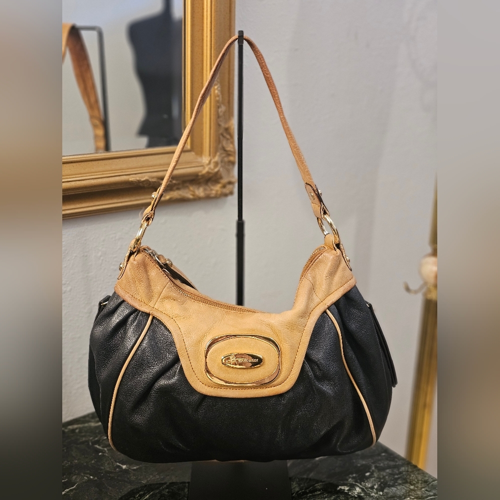 b. makowsky Black and Tan Leather Hobo Bag